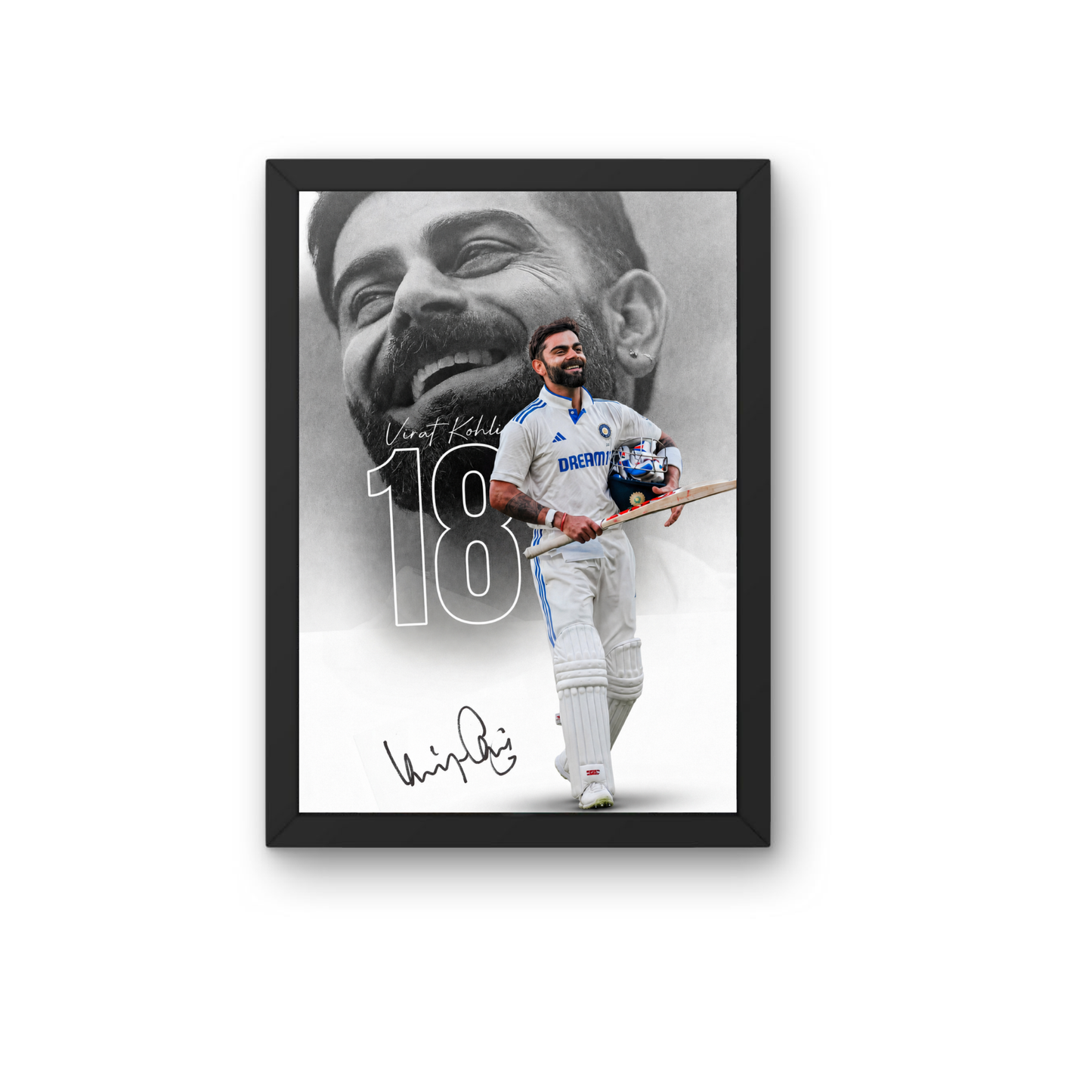 Virat Kohli 18 Minimal Black & White Cricket Poster Frame | Premium Wall Art for Bedroom, Office & Gaming Room