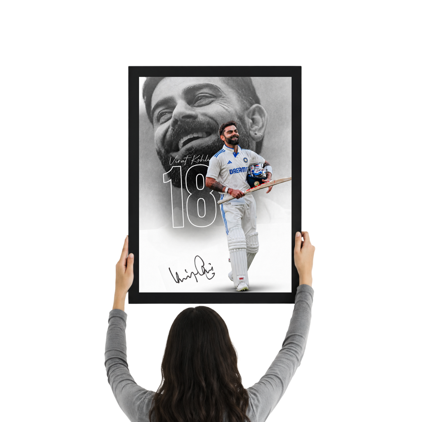 Virat Kohli 18 Minimal Black & White Cricket Poster Frame | Premium Wall Art for Bedroom, Office & Gaming Room