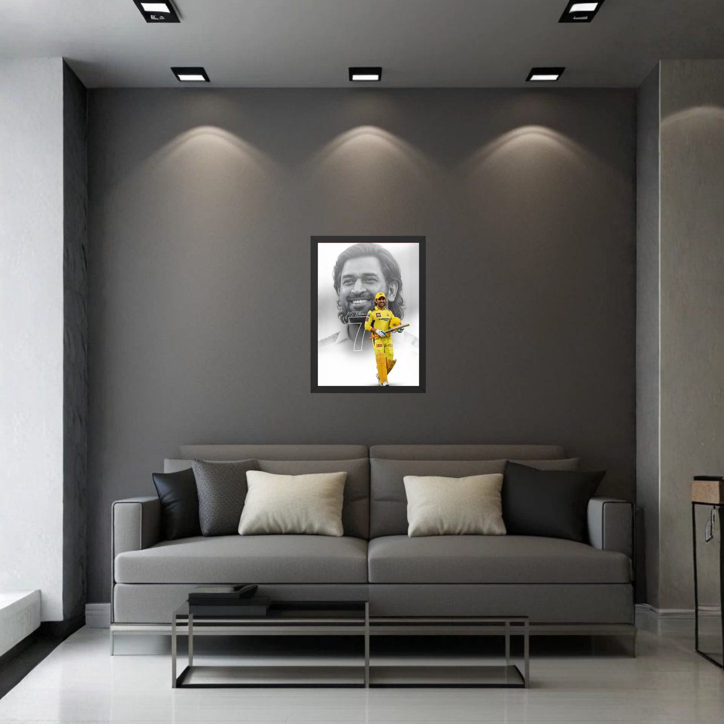 MS Dhoni Artistic Black & White Portrait Premium Wall Frame