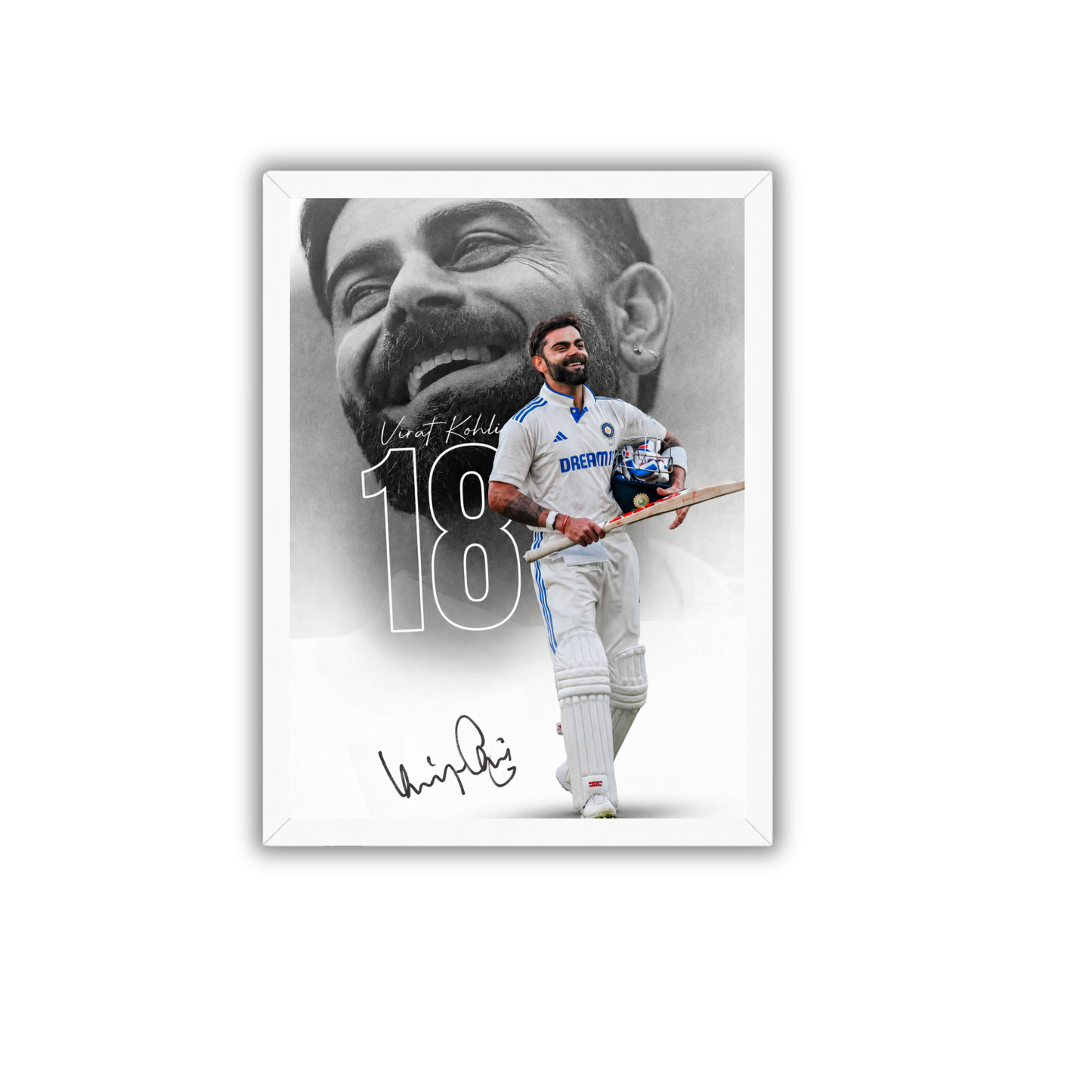 Virat Kohli 18 Minimal Black & White Cricket Poster Frame | Premium Wall Art for Bedroom, Office & Gaming Room