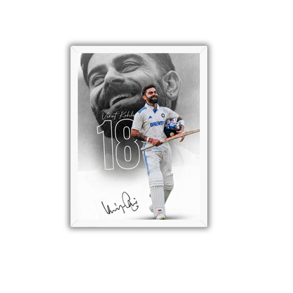 Virat Kohli 18 Minimal Black & White Cricket Poster Frame | Premium Wall Art for Bedroom, Office & Gaming Room